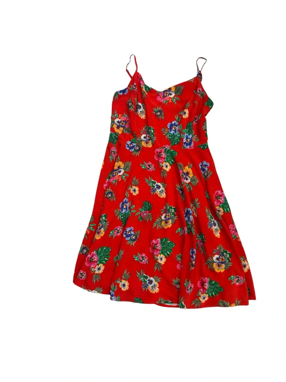 Old Navy Red Tropical Floral Fit & Flare Mini Dress Strappy Lined Size Large - Picture 9 of 9